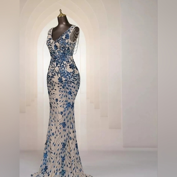 Blue, Floral Print, V Neck,  Beaded Draped Sleeves,  Sequined Mermaid Go… - Picture 9 of 12